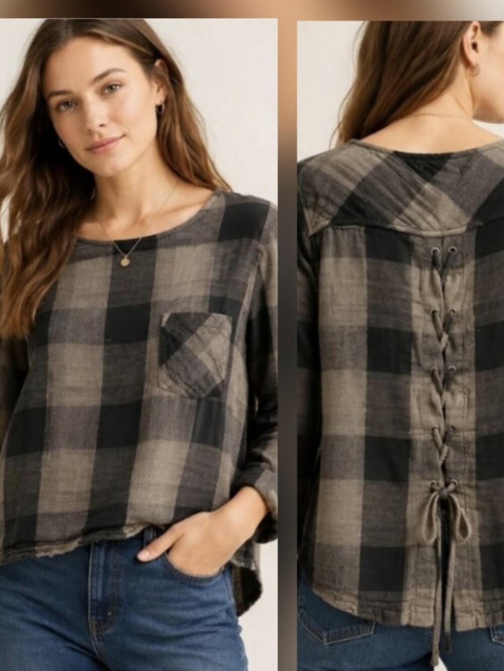 Anthropologie Cloth & Stone Green/Black Plaid Lace-Up Back Top Size Medium